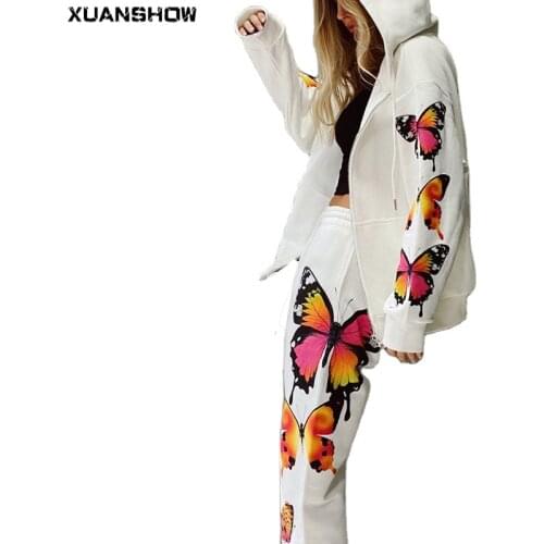 XUANSHOW Two Piece Set Tracksuit Women Animal Butterfly Printed Zipper Loose Hooded Long-sleeved Pant Suits Trajes De Pantalon