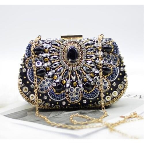 Retro Beaded Diamond Clutch Evening Bags Women Luxury Embroidery Handmade Black Handbags Rhinestone Banquet Purses Wedding Party