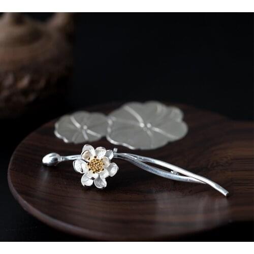 Vintage 925 Sterling Silver Branch Lotus Flower Brooches For Women Flyleaf High Quality Lady Chinese Style Vintage Jewelry