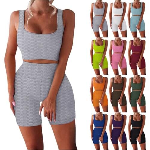 Women Fitness Workout Sets 2 Piece U-Shaped Tank High Waist Shorts Yoga Outfits