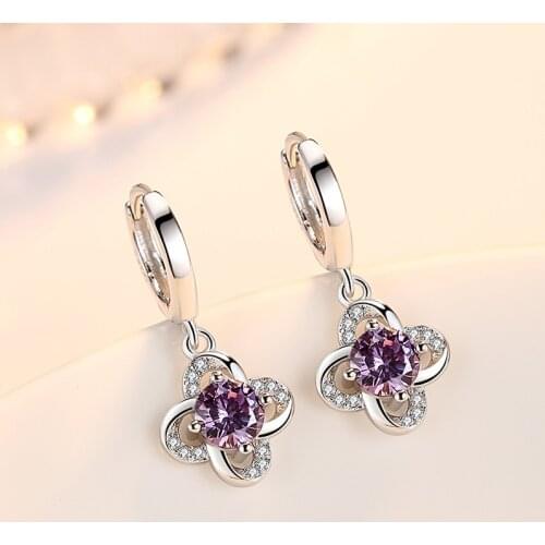 Fanqieliu Sterling 925 Real Silver Purple Crystal Cute Clover Flower Drop Earrings For Women Fine Jewelry Dangle Earrings