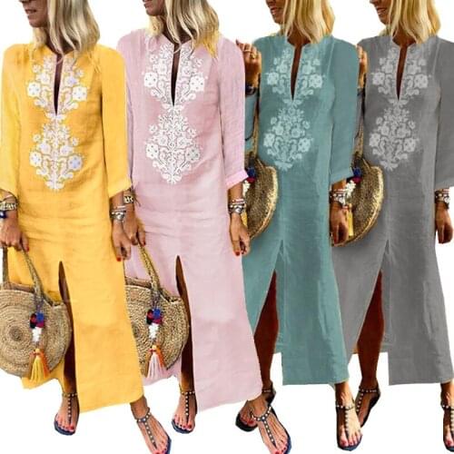 Vintage Linen Dress Women Boho Long Maxi Dress Vestidos Autumn V Neck Long Sleeve Split Casual Loose Party Dresses