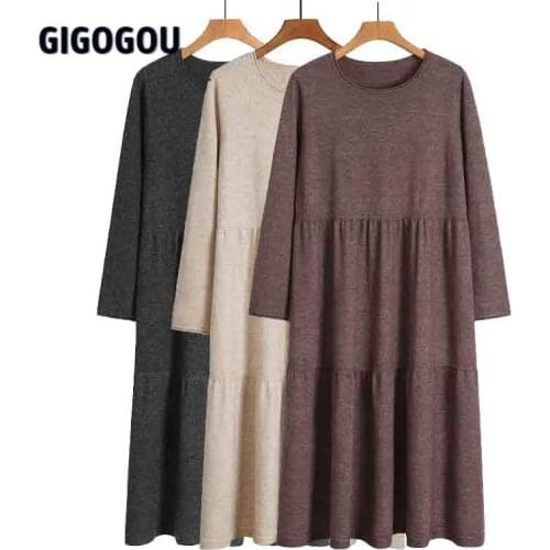 GIGOGOU Casual Loose Long Knit Women Sweater Straight Dress Solid O Neck Oversized Pullover Maxi Dresses Autumn Midi Party Dress