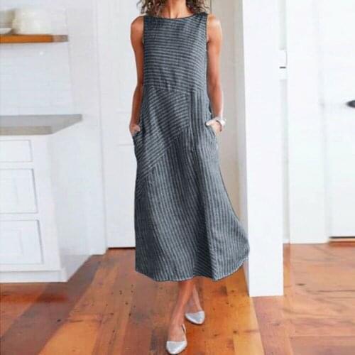 Women Striped Cotton Maxi Dress Sleeveless Summer Casual Baggy Long Dress Dresses -OPK