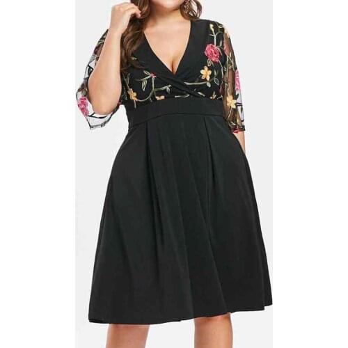 40# Fashion Oversize Dresses Women Casual Floral Vintage Print Short Sleeve Plus Size Solid Applique V-neck Dress Платья Женские
