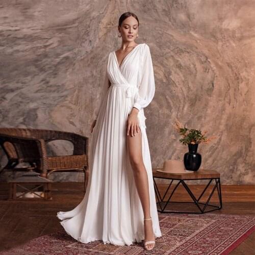 Latest Charming 2021 White Chiffon Long Sleeve Bridal Wedding Dresses High Thigh Split V Neckline Wedding Gown for Bride Pleated