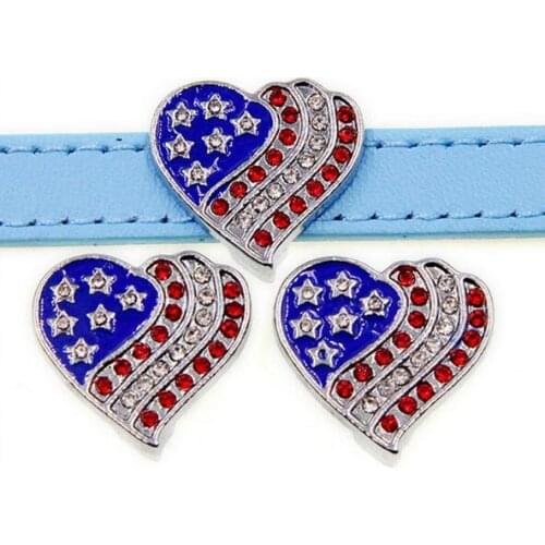 20, 50)PCS/lot 10MM DIY Rhinestones Heart Flag Slide Charm Fit For 10mm Leather Wristband Keychains