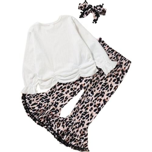 2021 2-7Y Fashion Kids Baby Girl Clothes Set White Solid Color Long Sleeve Pleated Top+Bow Leopard Print Flare Pants Summer 3pcs