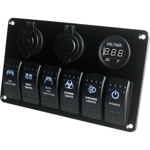 Car Boat Truck Aluminium 6 Gang Rocker Switch Panel Usb Power Voltmeter Sockets