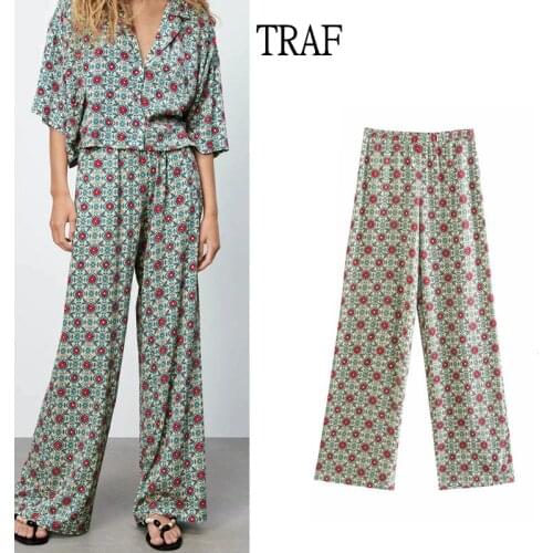 TRAF Za 2021 Womens Pants Summer Print High Waisted Trousers Vintage Loose Wide Leg Pants Woman Chic Elastic Waist Pant Suits