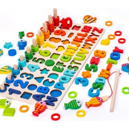 Montessori Wooden Toys 5 IN 1 Magnetic Fishing Board Educational Toys Childrens Letters Numbers Matching Early Start Training