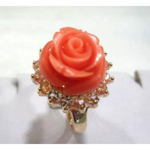 Design women grade latest wholesale good fancy beautiful carved pink coral/ stone bead ring #7,8,9Luxury Ms. girl Wedding