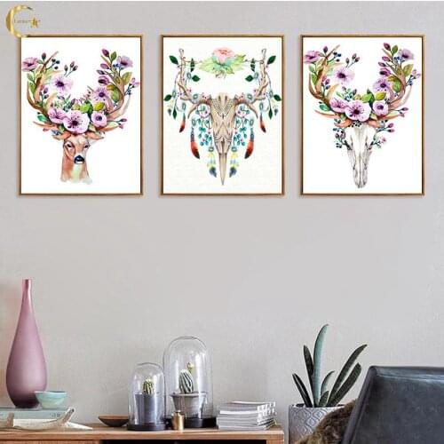 Nordic Style Geometric Flower Deer Canvas Painting Animal Abstract Poster Baby Nursery Wall Art Prints for Living Room Decor