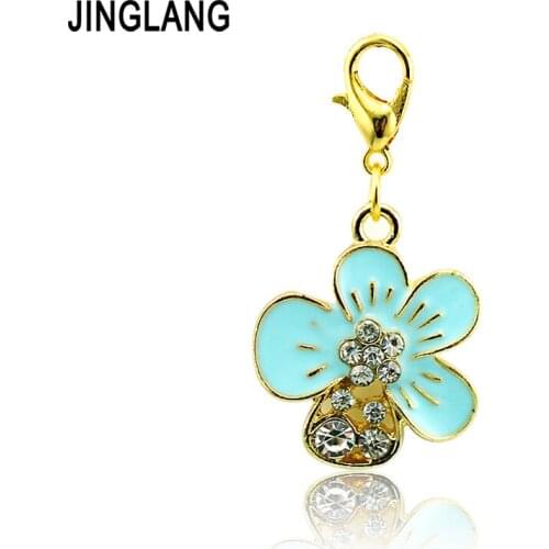 JINGLANG Fashion Lobster Clasp Charms Gold Color Enamel White Rhinestone Flower Charms For Jewelry Making DIY Accessories
