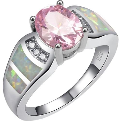 Pink Crystal Zircon White Opal 925 Sterling Silver Ring Size 6 7 8 9 10