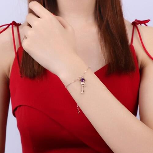 LAMOON Crown Key 925 Silver Bracelet For Women Natural Teardrop Amethyst 18K Gold Plated Fine Jewelry Fairy Princes HI024