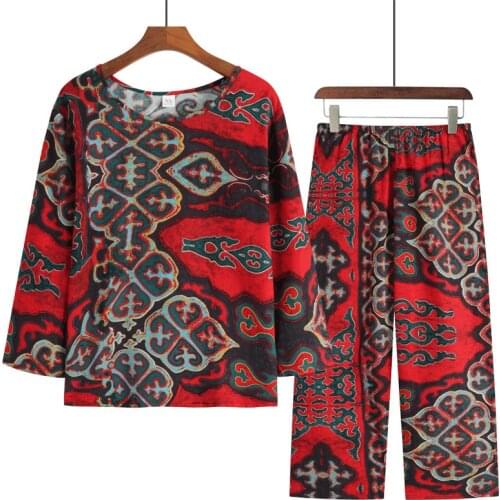 Summer Womens Suits Middle-aged Elderly mothers Printing Cotton Linen Top T-Shirt & Wide-Leg Pants 2 Pcs Home Service Sets 4XL