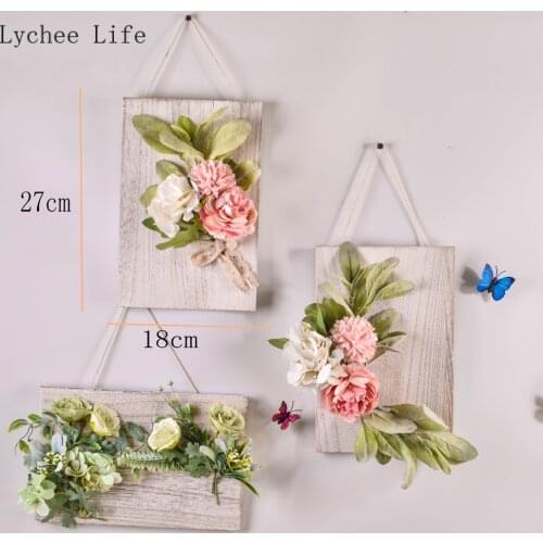 Lychee Life 1Pcs Nordic Creative Wooden Board Simulation Silk Dried Flower for Home Wedding Hanging Artificial Floral Decoration