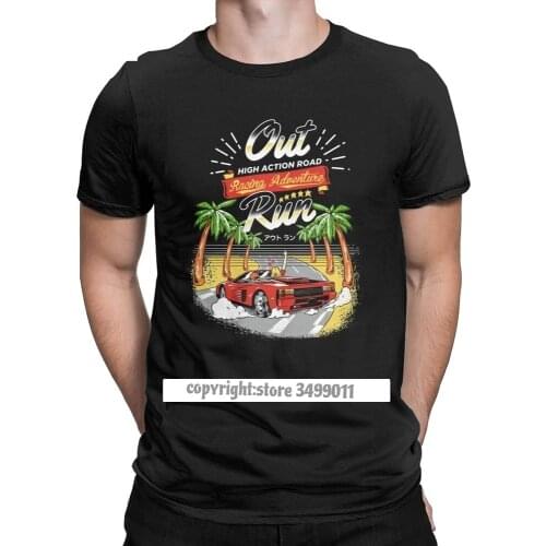 Racing Adventure Tshirts Mens Cotton Funny Tee Shirt Crewneck Out Run 80s Retro Arcade Game Tees Clothes Gift