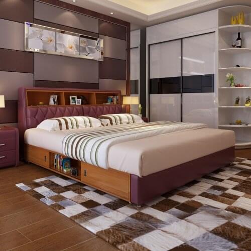 RAMA DYMASTY genuine leather soft bed with bookshelf modern design bed/ fashion king/queen size bedroom furniture