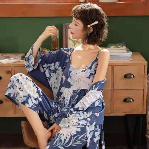 New 3 Piece Summer Autumn Women Pajamas Sets Floral Printed Sexy Robe Top &Long Female Sleepwear Night Suit Women Pyjamas Set