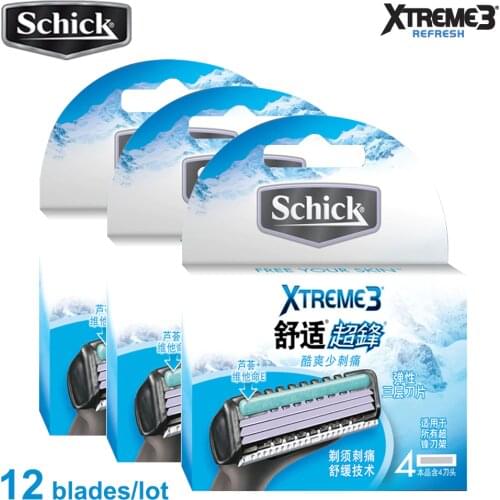 12 blades/lot = 3 Packs Original Genuine Schick XTREME3 razor blade for all Xtreme razors men in stock