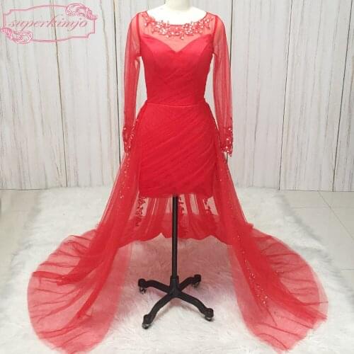 Real prom dresses red sheer crew neckline lace appliques pleats detachable skirt long sleeve evening dresses formal dress
