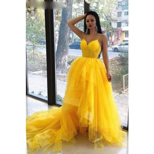 High front and low back prom dresses 2021 yellow ruffle tulle beading crystal elegant evening dresses