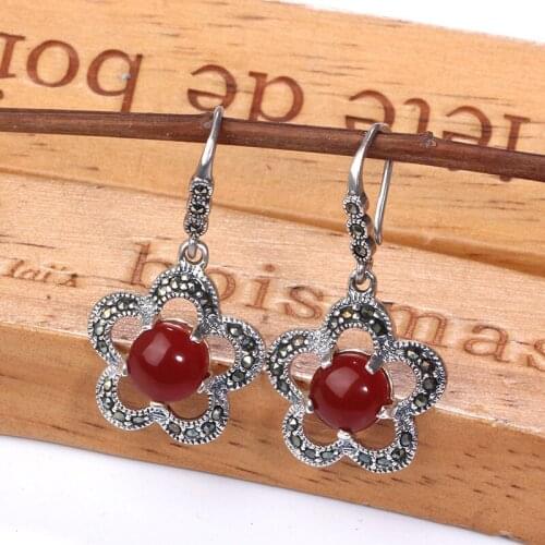 ZHJIASHUN Natural Chalcedony Gemstone Drop Earrings For Women Flower 100% 925 Sterling Silver Agate Earrings Retro Fine Jewelry