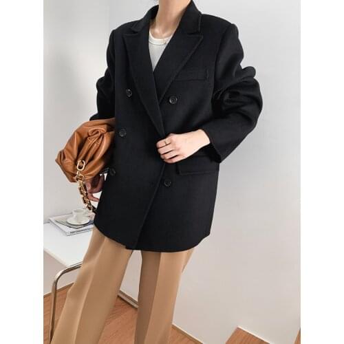 High-end Hepburn double-breasted short suit collar loose double-sided wool coat woolen coat female new