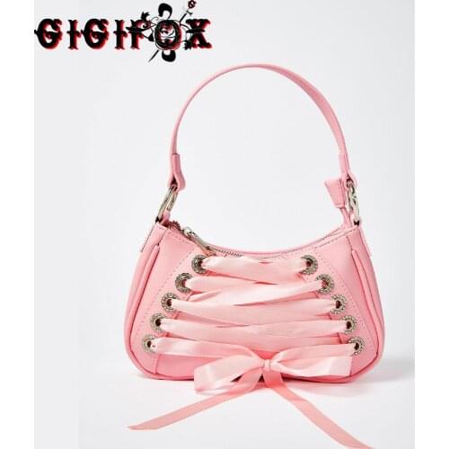 2021 INS HOT Sweet Pink Ribbon Cross Tied Gothic Style Lolita Handbags Purse Women Mini Baguette Bags Shoulder Underarm Bags