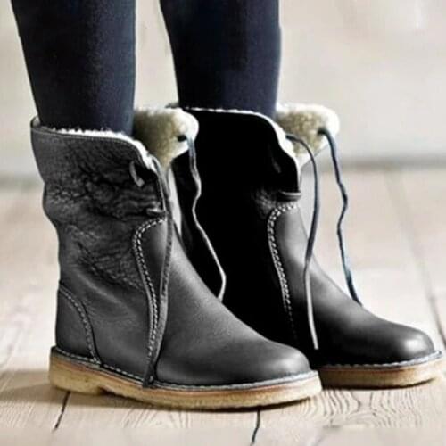 Women Casual Lace-up Warm Snow Boots PU Leather Fleece Lined Low Heel Women Winter Shoes YS-BUY