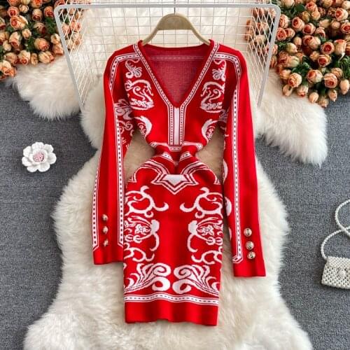 SINGREINY Women Retro Print Knitted Dress Long Sleeve V Neck Slim Sheath Dresses 2021 Autumn Winter Bodycon Warm Sweater Dress