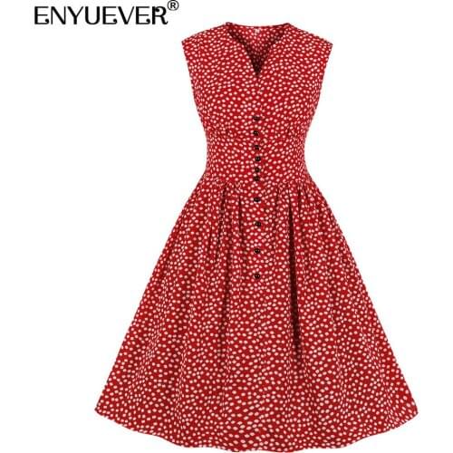 Enyuever Elegant Women Dress Casual Summer Clothes Sleeveless High Waist Button Robe Pin Up Swing Print Retro Vintage Dress