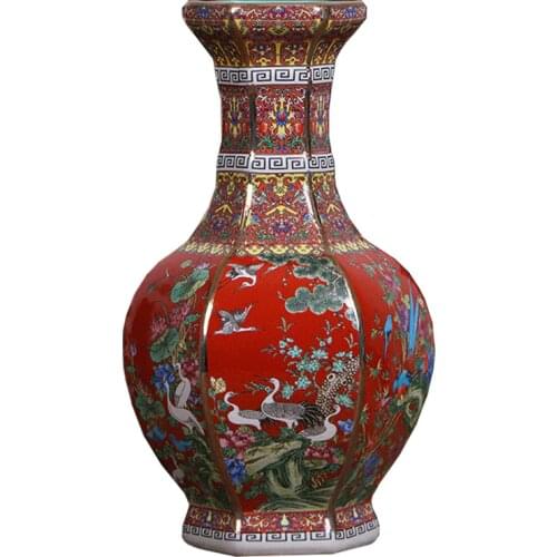 32CM Enamel porcelain vase Jingdezhen ceramic Hexagonal Flower and bird pattern vase ornaments collection antique vase authentic
