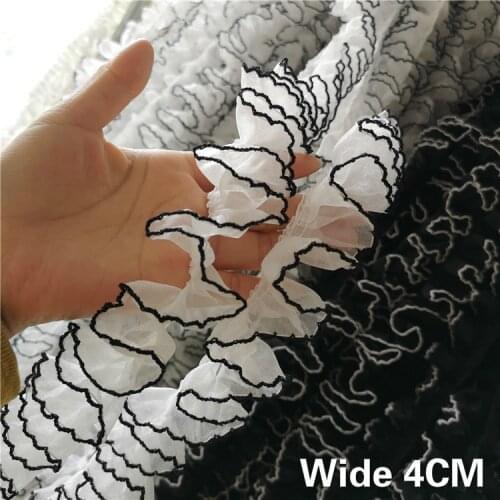 4CM Wide White Black 3D Pleated Chiffon Lace Applique Ribbon Ruffle Trim DIY Garment Dress Sewing Guipure Supplies Accessories