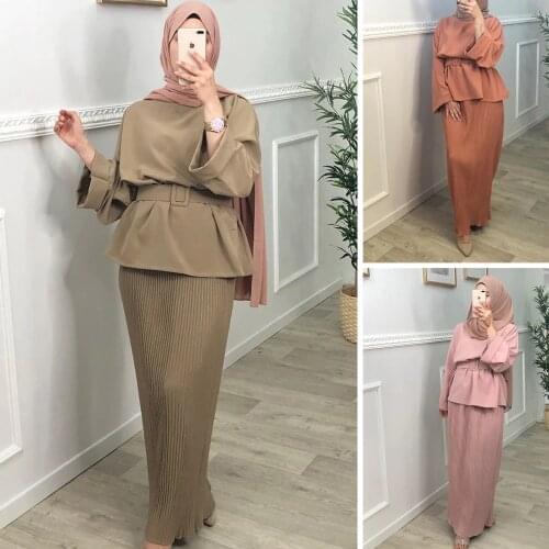 Abaya Turkish Muslim Hijab Dress Tops Skirt Sets 2 Pieces Caftan Marocain Kaftan Dubai Belt Islam Clothing For Women Eid Mubarak