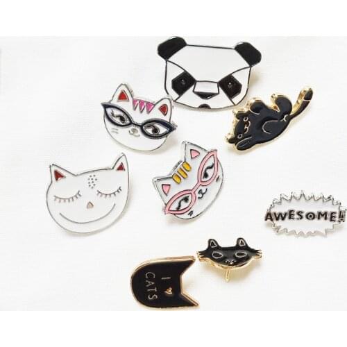 Cartoon Animal Brooches I Love CATS Awesome Cool Smile Cat Panda Enamel Pin Bagdes Bag Clothes Lapel Pins Jewelry Gifts for Kids