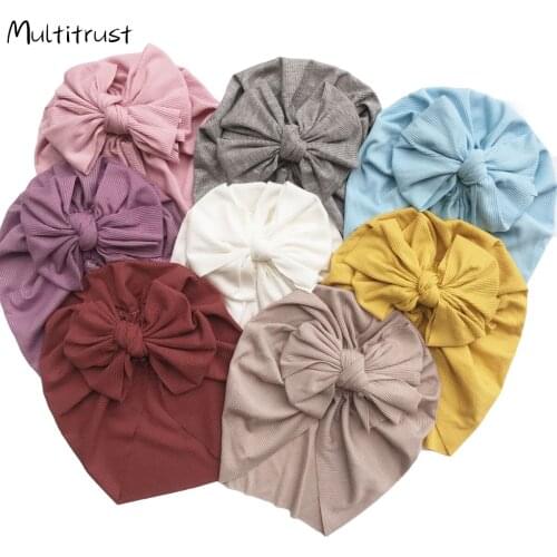 Toddler Baby Unisex Bow Indian Hat Knitted Rib Cotton Turban Knot Cap Solid Headwear Ribbed Bowknot Kid Accessories Cap
