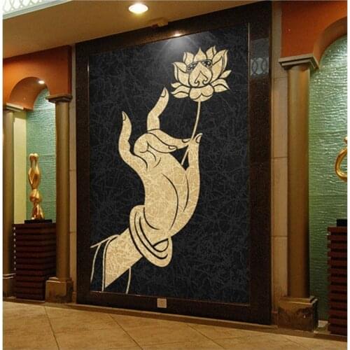 Drop Shipping photo Wallpaper Retro Chinese Style Bergamot Lotus Art Wallpaper Hotel Buddha Hall Hotel Wallpaper Entrance Mural