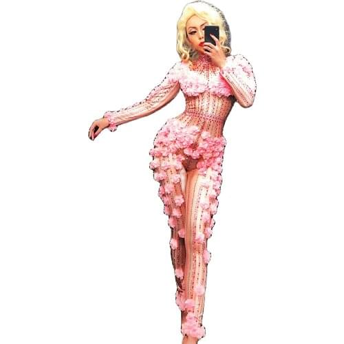 Sparkly Rhinestone Pink Flower Jumpsuits Skinny Stretch DJ Singer Dance Show Stage Wear Nightclub Bar Birthday Celebrate Costume