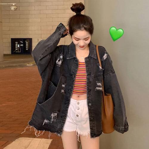 Women Denim jacket female loose Casual Oversize ripped retro bf style coats turn down collar tops 2021 spring and autumn