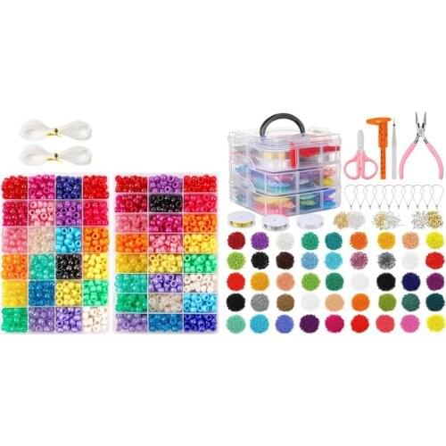 27009Pcs Glass Seed Beads Kit, Craft Seed Beads with 1900 Pcs 9mm Pony Beads Set in 24 Colors and Elastic String