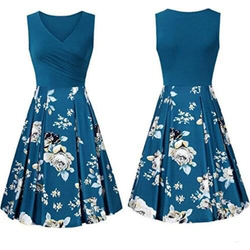 New European and American V-neck sleeveless floral casual midi skirt and large swing dress