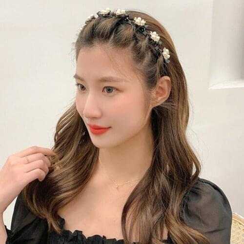 Woman Non-Slip Hairband With Clips Double Band Headband Hairstyle Bezel Hair Hoop Hair Accessories Headwear Pearl Hair Clips