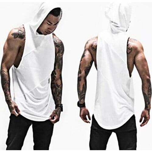 Solid Color Sleeveless Shirt with hoody Patchwork Gym Clothing Fitness Men Bodybuilding Stringer Tank Tops Hoodies Singlets