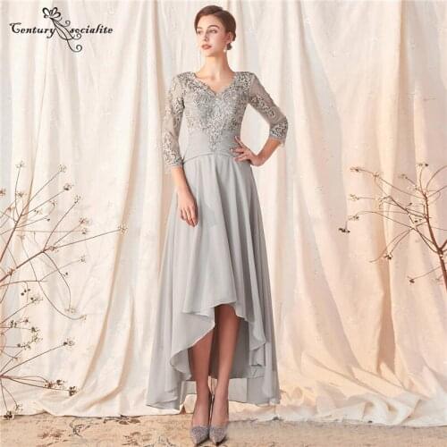 Hi-Lo Grey Mother of Bride Dresses with Sleeves 2021 V-Neck Lace Appliques Pleats Chiffon Long Formal Evening Dress Prom Gowns