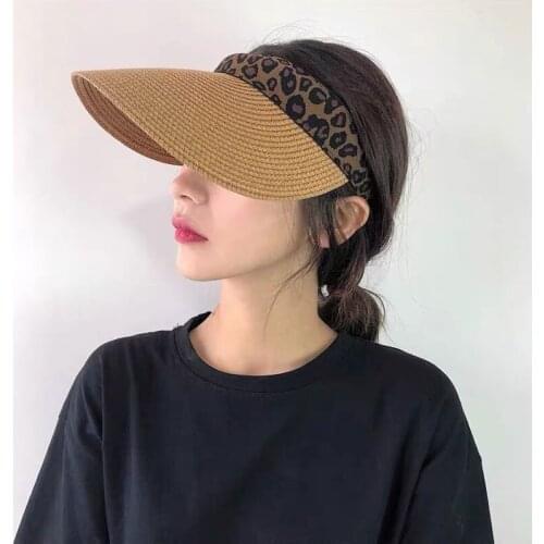 Sun Hats For Women Leopard Visor Handmade Paper Straw Summer Casual Shade Hat Empty Top Frog Hat Beach Cape Gorras Para Mujer