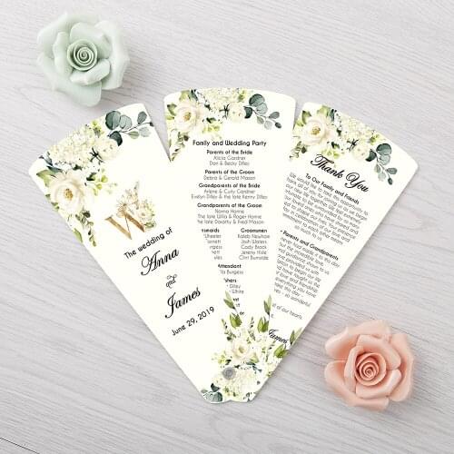 Wedding Program Petal Fans Assembled Single page printing set of 50 green Customized printed three pages