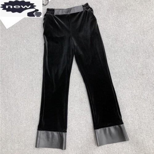 Women Velvet Patchwork Sheepskin Genuine Leather Flare Ankle Length Elastic Waist Boot Cut Pants Ladies Slim Fit Trousers